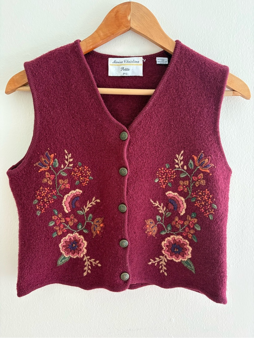 Marisa Christina Burgundy V-Neck Embroidered Wool Sweater Vest